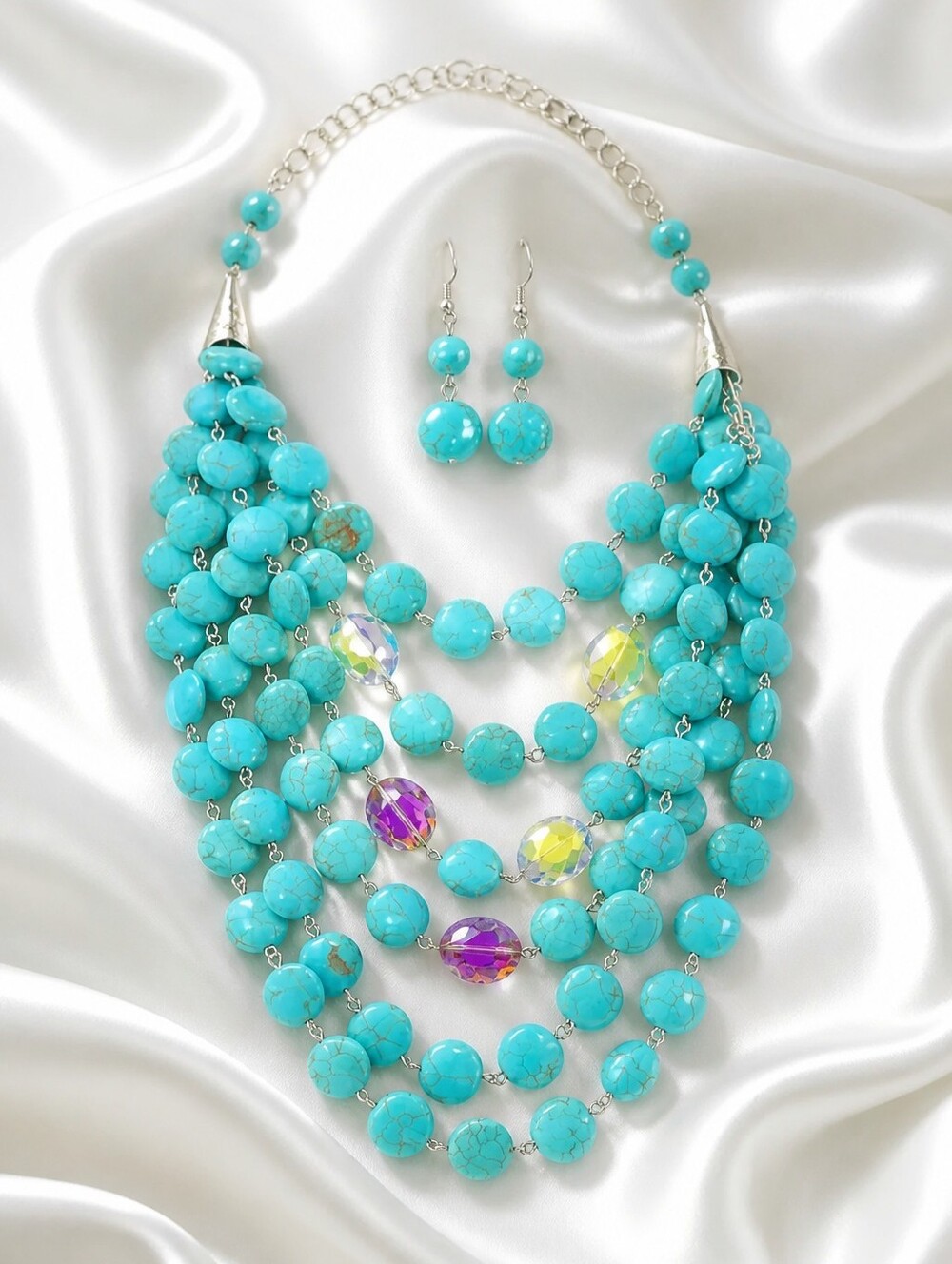 Turquoise Stone Layered Cluster Necklace / Earring Set New